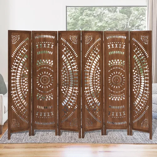 Miniatura 11 de Divisor de habitación de 4 paneles de madera tallada de 5.6 pies de alto, pantalla de privacidad plegable con bisagras dobles, divisor de división