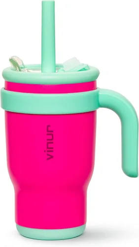 Miniatura 39 de VINUR Vaso para niños con asa - 14 oz de acero inoxidable con aislamiento al vacío de doble pared con tapa y pajita, vaso de agua de viaje