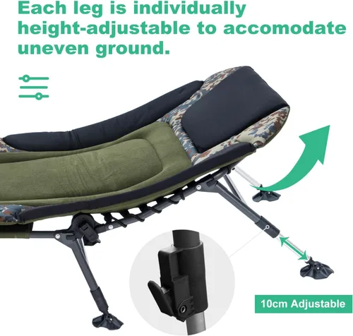 Miniatura 3 de Catre de camping plegable con colchón para adultos, catre militar resistente con bolsa de transporte, tumbona reclinable ajustable de 180°