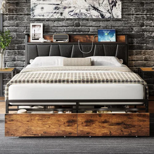 Miniatura 22 de LIKIMIO Base de cama tamaño King, cabecera de almacenamiento con estación de carga, cama de plataforma con cajones, no necesita somier, fácil Marrón
