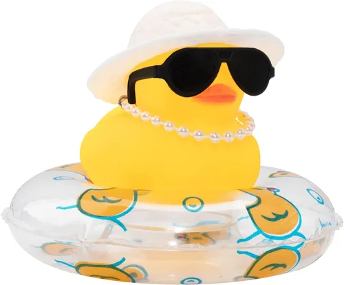 Miniatura 51 de wonuu Pato de goma para automóvil, decoración de pato amarillo con sombrero para el sol, anillo de natación, collar, gafas de sol para decoración