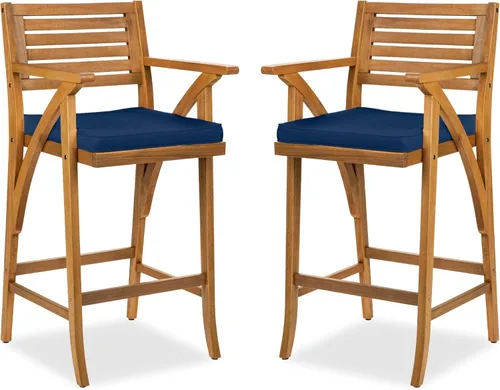 Miniatura 9 de Best Choice Products Juego de 2 taburetes de bar de madera de acacia para exteriores, sillas de bar para patio, piscina, jardín con cojines Crema
