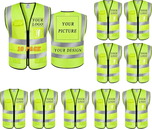 Miniatura 32 de BeautyWill Chaleco de seguridad con logotipo personalizado, Hi Vis Clase 2, chaleco reflectante de construcción unisex con 5 bolsillos