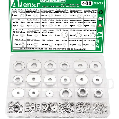 Miniatura 11 de Kit de surtido de 270 piezas de arandelas planas, 8 tamaños SAE -1/2, 3/8, 5/16, 1/4, 12#, 10#, 8#, 6#, (18-8) arandelas de acero inoxidable 304