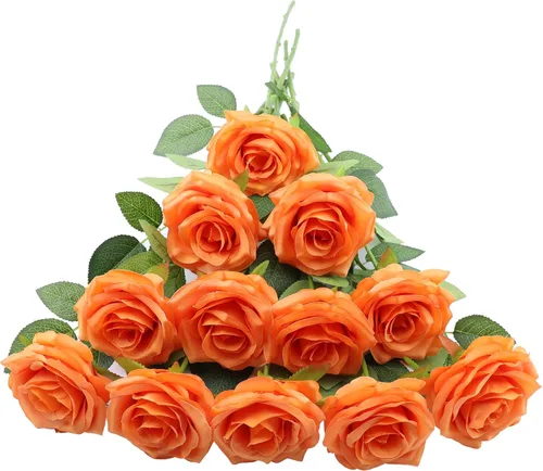 Miniatura 40 de LVEFIT 12 rosas artificiales de seda de color naranja quemado, ramo de rosas de seda de tallo largo para bodas, despedidas de soltera, fiestas