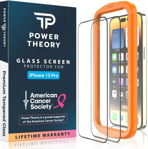 Power Theory Protector de pantalla de vidrio templado compatible con iPhone 15 Pro, [Benefits American Cancer Society], dureza 9H, kit de fácil