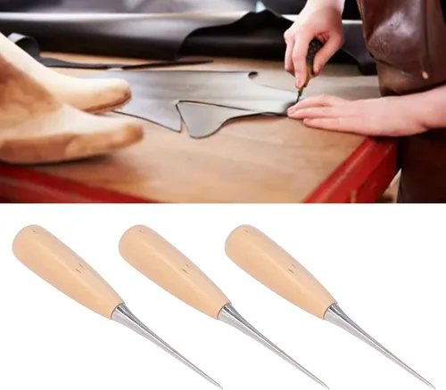 Miniatura 6 de Punzón de cuero para bricolaje, 3 piezas de punzón de cuero con mango de madera, juego de herramientas de perforación de cuero para reparar