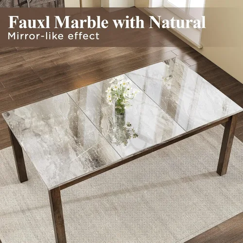 Miniatura 3 de LUXOAK Juego de mesa de comedor de madera maciza de 71 pulgadas, mesa de cocina de mármol sintético con 6 sillas, respaldos curvados y asientos
