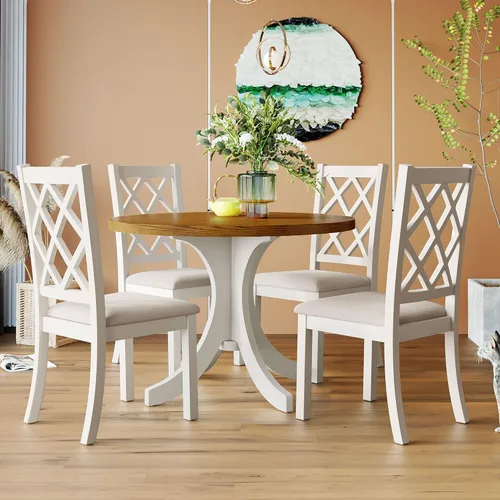 Miniatura 20 de Juego de mesa de comedor redonda clásica de 5 piezas con patas de forma especial y respaldo hueco para silla, para comedor, cocina, apartamento