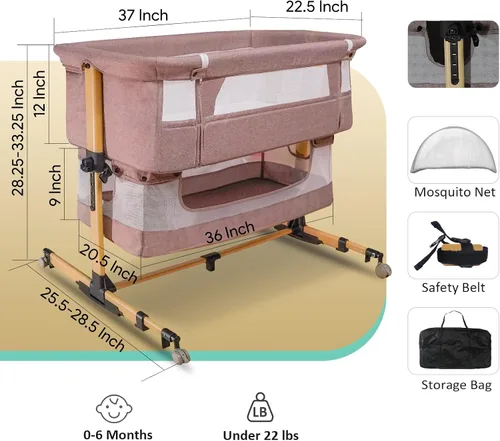 Miniatura 5 de Moisés para bebé, sleeper de cabecera 3 en 1 con colchón y laterales de malla, mosquitera, cesta de almacenamiento, con función de balanceo, 5