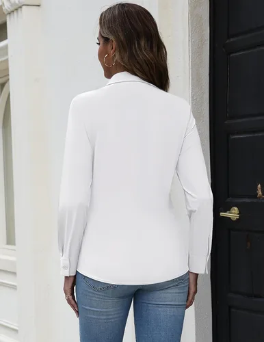 Miniatura 4 de HOTOUCH Camisas abotonadas para mujer de manga larga elásticas camisas de vestir sin arrugas blusas de trabajo ajuste ceñido tops de oficina