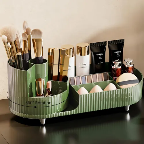 Miniatura 9 de COMFYROOM Organizador de maquillaje para tocador con soporte para brochas, organizador de maquillaje cosmético de 3 capas, organizador de maquillaje