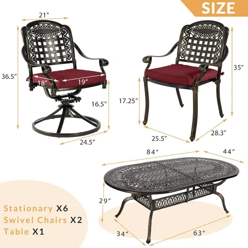 Miniatura 3 de Juego de comedor de patio de 9 piezas, mesa y sillas de patio al aire libre, mesa de comedor ovalada de aluminio fundido de 84 pulgadas con agujero