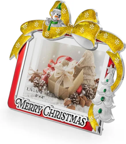 Miniatura 2 de LARAINE Marco de fotos de metal de 4 x 6 pulgadas, lazo de Navidad 2025, imágenes de alta definición para mesa, hogar, regalo decorativo