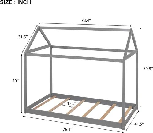 Miniatura 2 de Harper & Bright Designs Base de cama Montessori de tamaño individual, cama de piso de madera con techo para niños y niñas, no necesita somier, gris