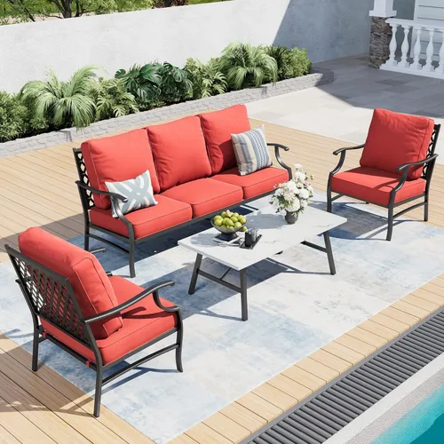 Miniatura 22 de SUNSHINE VALLEY Juego de muebles de patio, 4 piezas de muebles modernos de metal para exteriores, sofá de 3 plazas, 2 sillas mecedoras, mesa