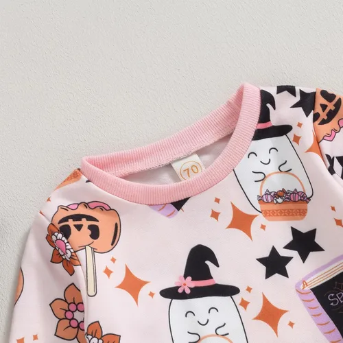 Miniatura 5 de Kayotuas Conjunto de sudadera de manga larga con estampado de arco de calabaza y esqueleto para bebé de Halloween, para otoño