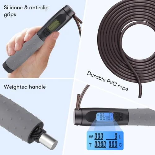 Miniatura 5 de Cuerda de saltar, cuerda de saltar con peso para fitness, cuerda de saltar con contador, asas pesadas, longitud ajustable, cuerda de salto