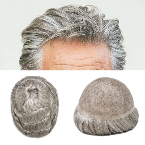 Miniatura 70 de Toupee para hombres Piezas de cabello humano real, encaje francés completo para hombres, pieza de cabello, nudos blanqueados, línea capilar natural