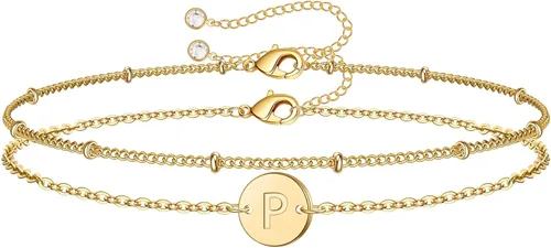 MONOZO - Pulseras con iniciales para mujeres y niñas, delicadas con cuentas de oro de 14 quilates, personalizadas, 26 letras del alfabeto,