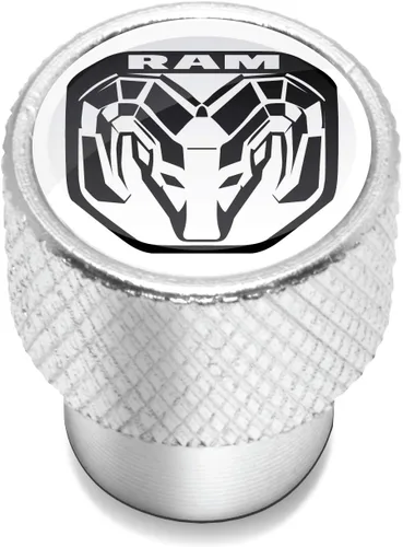 Miniatura 2 de iPick Image para RAM 2019 Logo en blanco sobre tapas de vástago de válvula de neumático de aluminio plateado brillante