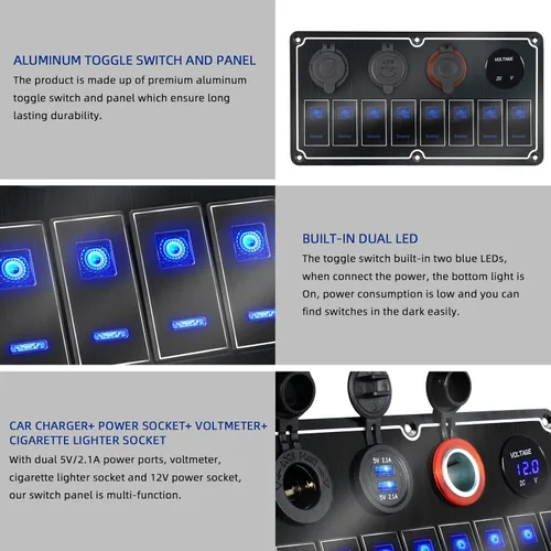 Miniatura 3 de Panel de Interruptores de Palanca Impermeable de 8 Posiciones con Cargador USB Dual y Voltímetro - Protección contra Sobrecarga para RV, Marina