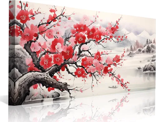 Miniatura 37 de Arte de Pared de Acuarela de Estilo Asiático Tradicional Chino Pájaro en Rama de Flor de Cerezo Roja Decoración Paisaje Floral Oriental Pintura
