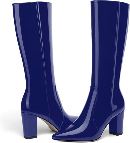 Miniatura 174 de AMBELIGHT Botas altas hasta la rodilla con cremallera y puntera puntiaguda para mujer, de patente sólida, tacón alto, 3.3 pulgadas