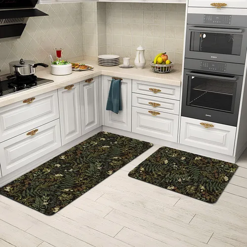 Miniatura 4 de Alfombras de Cocina Vintage Negras y Verdes Botánicas, Juego de 2 Alfombras de Cocina Antideslizantes Lavables, Tapetes de Cocina con Helechos
