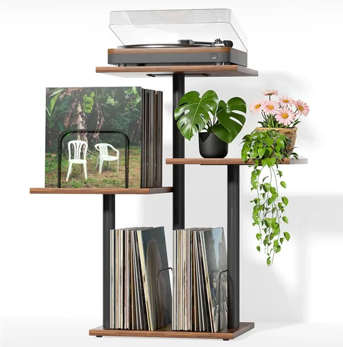 Bikoney - Soporte Botánico para Tocadiscos con Almacenamiento de Vinilo, Mueble de Mesa para Tocadiscos de Madera con Estante para Discos LP,
