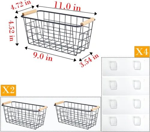 Miniatura 2 de Cestas colgantes de metal negro con asa, organizador de almacenamiento de pared de alambre con ganchos, cestas adhesivas para cocina, baño