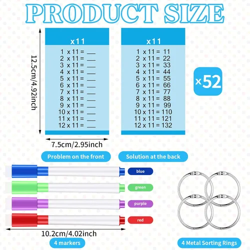 Miniatura 2 de Geyee 52 tarjetas de multiplicación para niños de 1er a 3er grado con 4 marcadores de borrado en seco y juego de 4 anillos, tarjetas de matemáticas