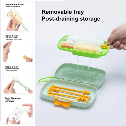 Miniatura 5 de Kit de limpieza de botellas de viaje 7 en 1, esenciales para bebés, con cepillo para biberones, cepillo para pezones, cepillo limpiador de pajilla
