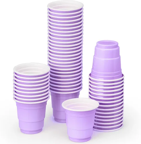 xo, Fetti Decoraciones para fiestas, vasos de chupito de plástico color morado lavanda, 50 vasos desechables mate de 2 onzas | despedida de soltera,