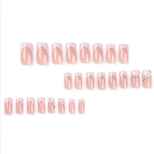Miniatura 2 de Foccna - Uñas postizas 3D con flores, cuadradas, rosas, francesas, brillantes, con strass, largas, para manicura, 24 piezas