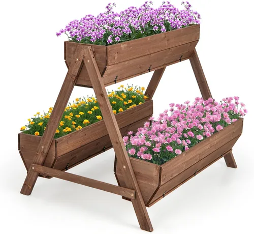 Miniatura 11 de Giantex Cama de jardín vertical elevada, 3 cajas de madera para flores, verduras, frutas y hierbas, maceta de jardín independiente con agujeros