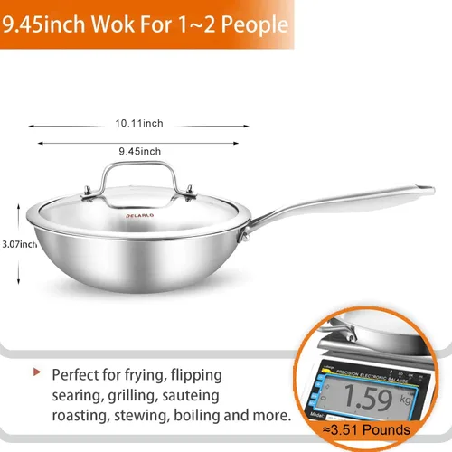 Miniatura 2 de DELARLO Wok de acero inoxidable de tres capas de cuerpo entero de 9.45 pulgadas, sartén profunda de cocina, sartén pequeña con tapas, mini wok