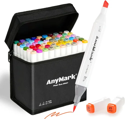 AnyMark Marcadores de alcohol, punta de pincel de 60+1 colores, pincel de doble punta y cincel a base de alcohol, juego de marcadores artísticos con