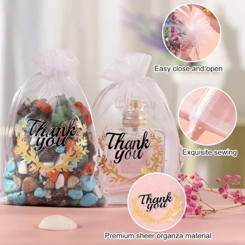 Miniatura 2 de Hopttreely Pequeñas bolsas de organza de agradecimiento, recuerdos de boda con cordón, bolsas de regalo de joyería 4X6 para fiestas, bolsas de Blanco