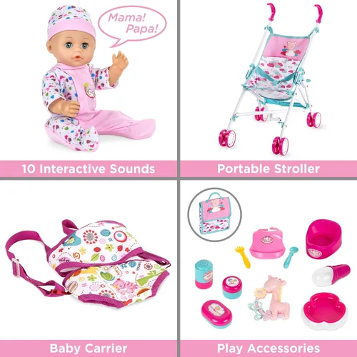 Miniatura 4 de Best Choice Products Juego de 15 piezas para niños de 13.5 pulgadas, muñeca recién nacida, juego de rol con cochecito, cuna de viaje, tapete