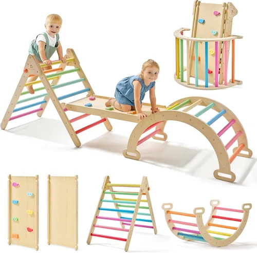 Miniatura 7 de Tiny Land Juego de Triángulo Pikler, Juego de Juguetes de Escalada de Triángulo Pikler Plegable 7 en 1 para Niños, Parque Infantil