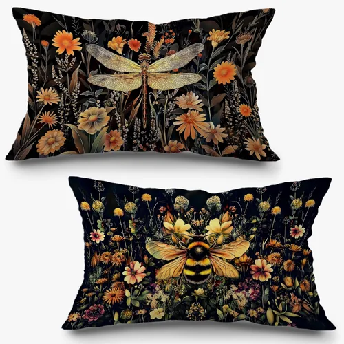 Fundas de almohada decorativas Moody Vintage con diseño de libélula y abeja floral de 12x20, juego de 2, fundas lumbares decorativas de estilo