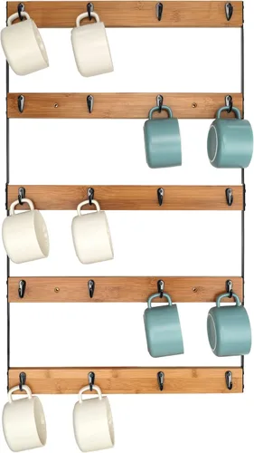 Soporte para taza de café montado en la pared, estante grande de 5 niveles con 20 ganchos para tazas, estante de exhibición de madera rústica para