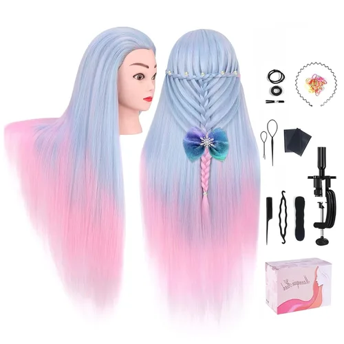 Cabeza de maniquí, TopDirect 29" con cabello sintético, maniquí de práctica para cosmetología, muñeca para peinar, peluquería, entrenamiento, Rosa