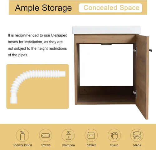 Miniatura 4 de Malwee Tocador de baño flotante de 18 pulgadas con lavabo, Tocador de baño de lavabo individual de 18 pulgadas montado en la pared, con 1 puerta