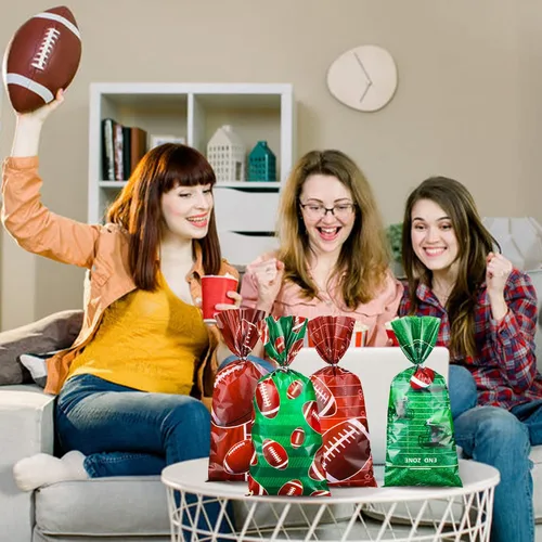 Miniatura 3 de Jetec 100 bolsas de celofán de fútbol americano marrón y verde, bolsas de regalo de fútbol con lazos para eventos de equipo deportivo, suministros