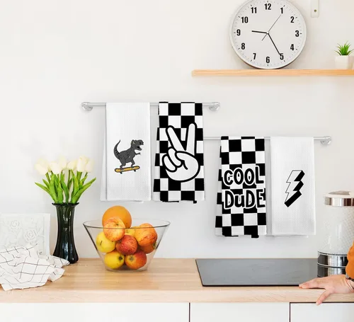 Miniatura 2 de Juego de 4 toallas de mano a cuadros modernos para niños, decoración de baño para niños, regalos de Dinasours, paños de cocina para cocina, paño