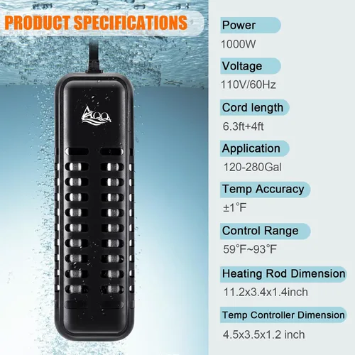 Miniatura 5 de AQQA Calentador de acuario, calentador de pecera de 1000 W, calentador sumergible de peces Betta para acuario, termostato para agua dulce y salada
