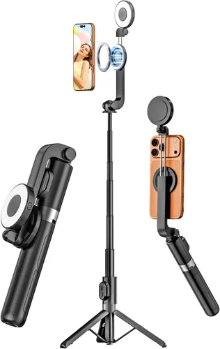 USKEYVISION Palo de Selfie Magnético con Trípode, Luz y Control Remoto, Trípode para Teléfono con Soporte Magnético para Magsafe, Soporte Giratorio