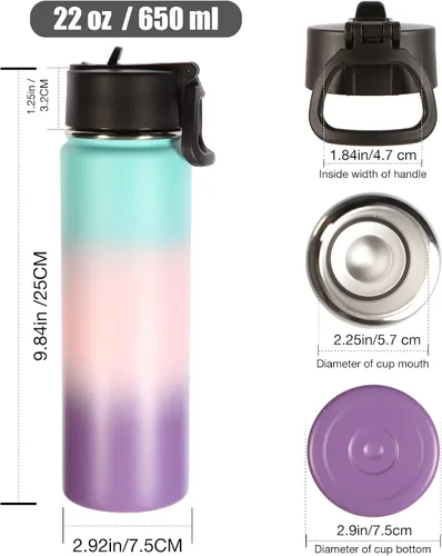 Miniatura 2 de Volhoply Botellas de Agua Aisladas con Pajita a Granel Paquete de 2, Botella Deportiva de 22 oz con Tapa con Asa, Botellas de Agua al Vacío de Doble